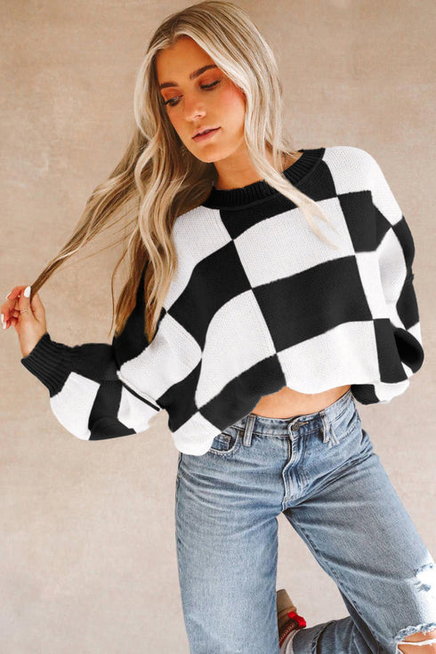Acrylic Seamed Checkered Pattern Bishop Sleeve Sweater