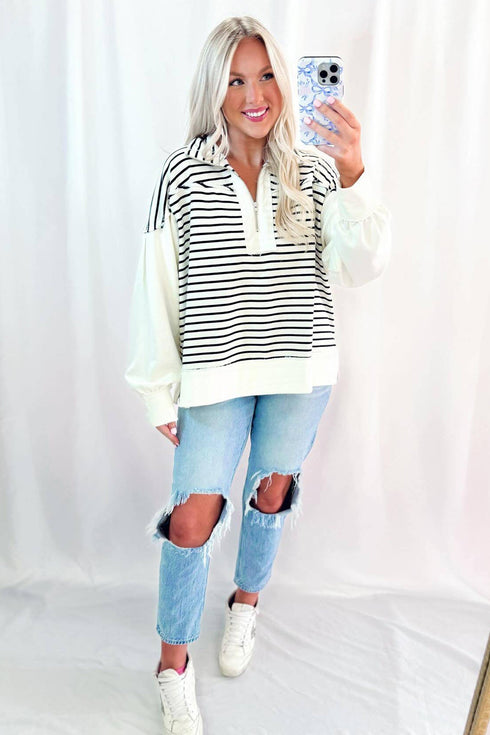 Striped Metal Zip Up Collar Long Puff Sleeve Top