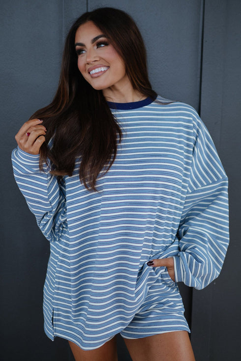 Striped Oversized Long Sleeve Top Pocketed Coordinated Short Set