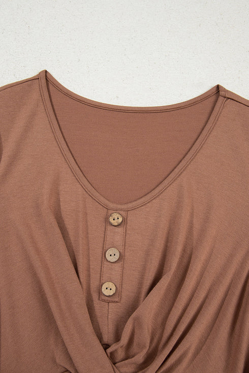 Shirred Cuff Long Sleeve Button Round Neck Mini Dress