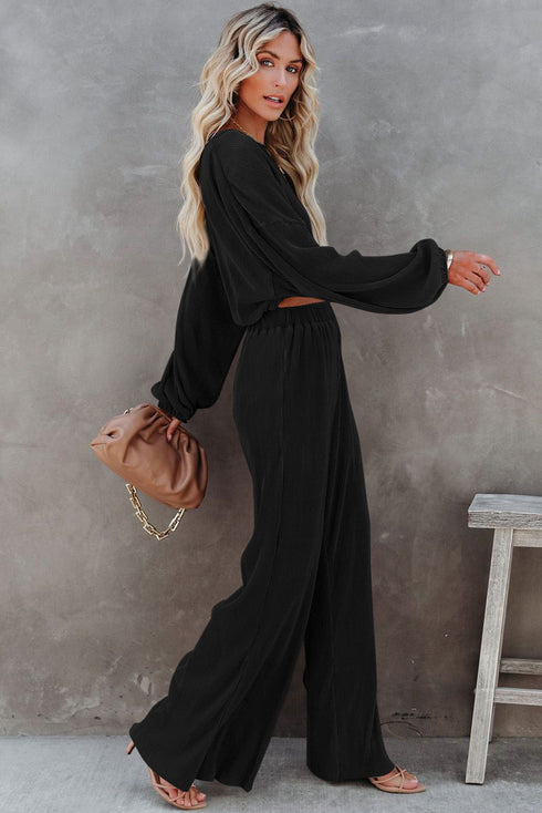 Corded Solid Cropped Pullover Wide Leg Pant Sets