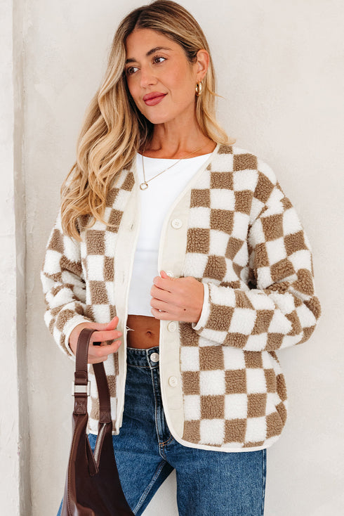Checkered Print Chunky Sherpa Fleece Button Front Jacket
