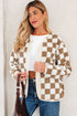 Checkered Print Chunky Sherpa Fleece Button Front Jacket