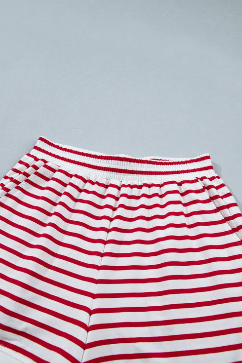 Stripe Scallop Trim Casual Top 2Pcs Short Set