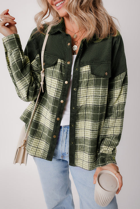 Mixed Patchwork Snap Button Casual Plaid Shacket