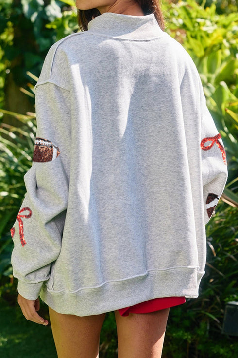 Sequin Rugby Bow Graphic Mock Neck Relaxed Pullover Sweatshirt