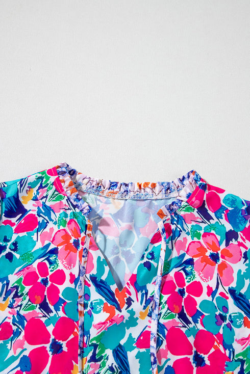 Mixed Floral Print Tie Split Neck Short Sleeve Dress