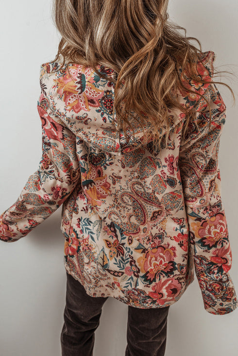 Bohemian Floral Print Sherpa Lined Fleece Hooded Jacket