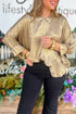 Metallic V Neck Button Cuff Long Sleeve Dolman Blouse