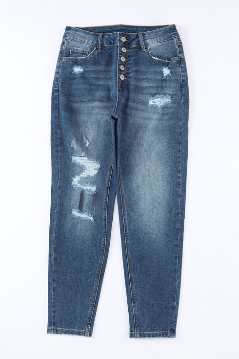 Distressed Button Fly High Waisted Skinny Denim Jeans