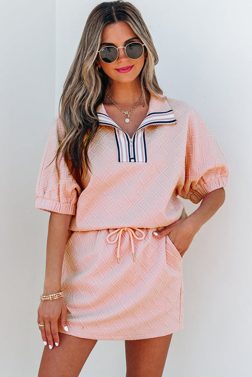 Textured Striped Collared Zip Up Two Piece Dress
