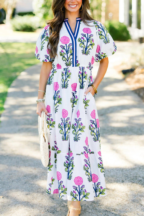 Floral Puff Short Sleeve V Neck High Waist Maxi Dress
