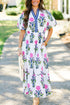 Floral Puff Short Sleeve V Neck High Waist Maxi Dress