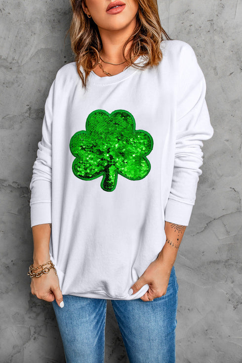 Shimmering Sequin Clover Graphic Crewneck Pullover Sweatshirt