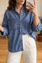 Three Quarter Sleeve Button Front Loose Denim Blouse