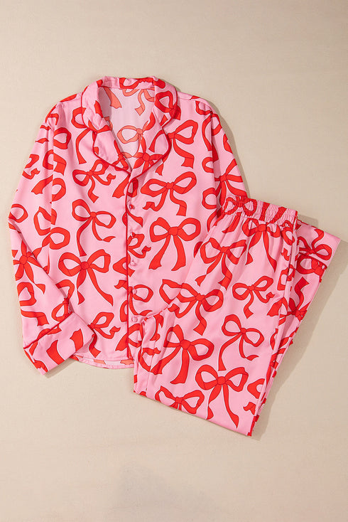 Bow Print Long Sleeve Wide Leg Sleepwear