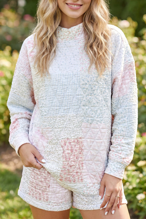 Floral Quilted Mock Neck Top Short Set