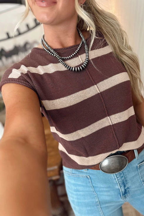 Striped Pattern Knit Western Short Sleeve Sweater