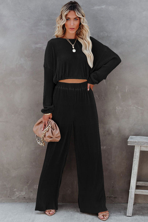 Corded Solid Cropped Pullover Wide Leg Pant Sets