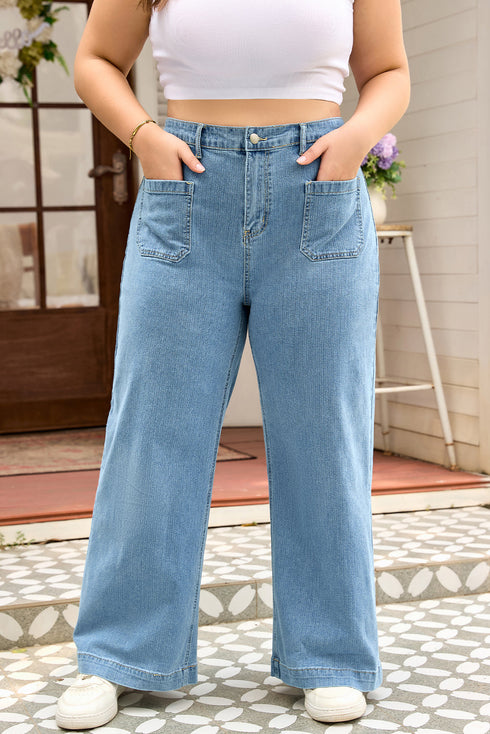 Patched Pocket Textured Denim Wide Leg Plus Size Bottoms