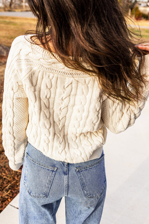 Drop Shoulder Round Neck Cable Knit Sweater