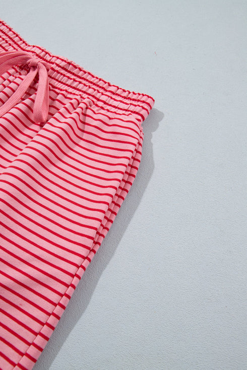 Striped Ribbed Patchwork Mock Neck Baggy Pullover Short Set