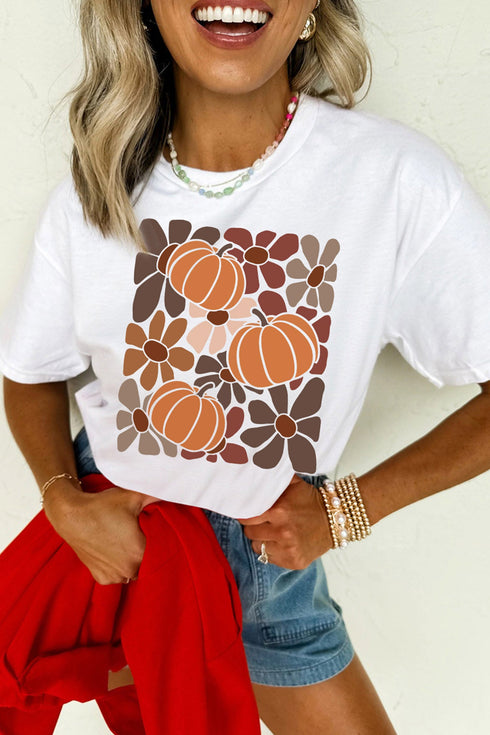 Polyester Cotton Blend Floral Pumpkin Print Tee