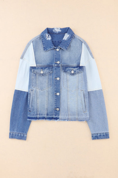 Casual Patchwork Distressed Frayed Hem Denim Jacket