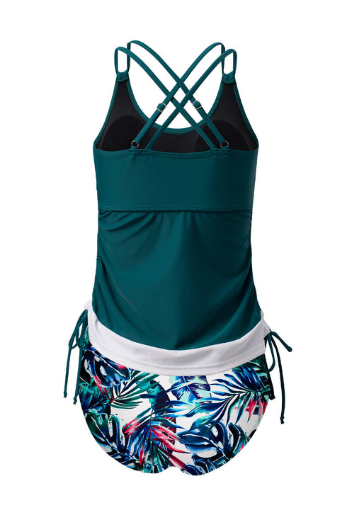 Ruched Side Tie Strap Leaf Print Tankini Set