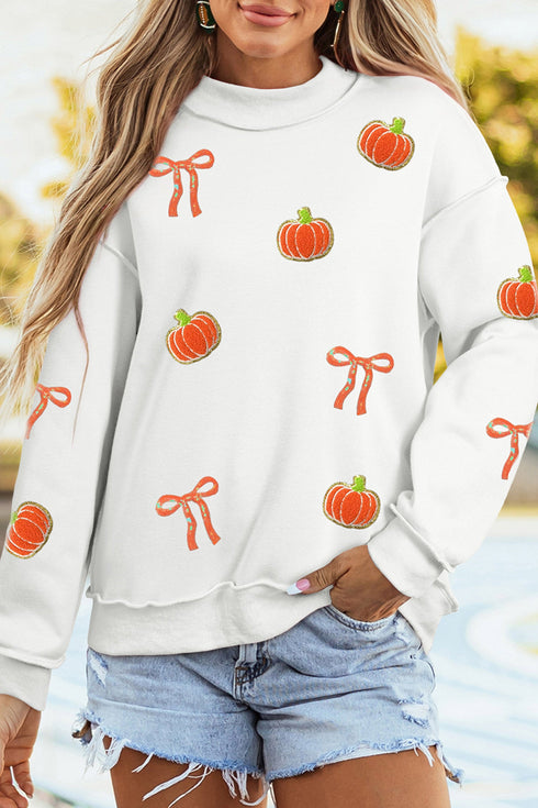 Chenille Pumpkin Sequin Bow Graphic Exposed Seam Mock Neck Sweatshirt