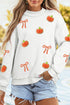 Chenille Pumpkin Sequin Bow Exposed Seam Mock Neck Sweatshirt