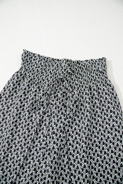 Bohemian Print Smocked High Waist Wide Leg Slit Pants