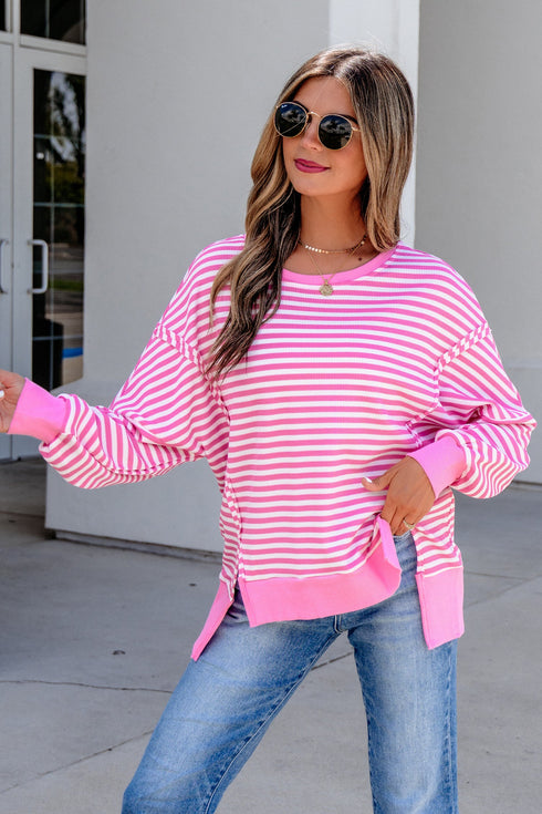 Striped Waffle Knit Split Hem Textured Long Sleeve Top