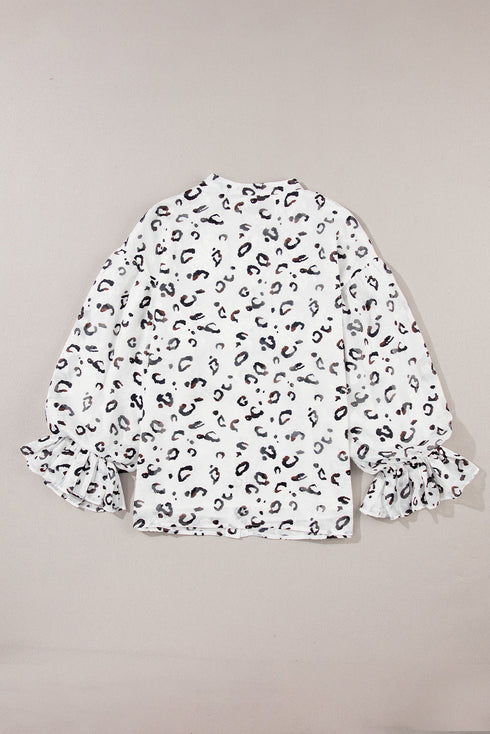 Abstract Animal Print Ruffle Cuff Button Front Blouse