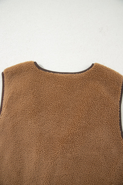 Western Contrast Trim Tie Front Textured Sherpa Vest