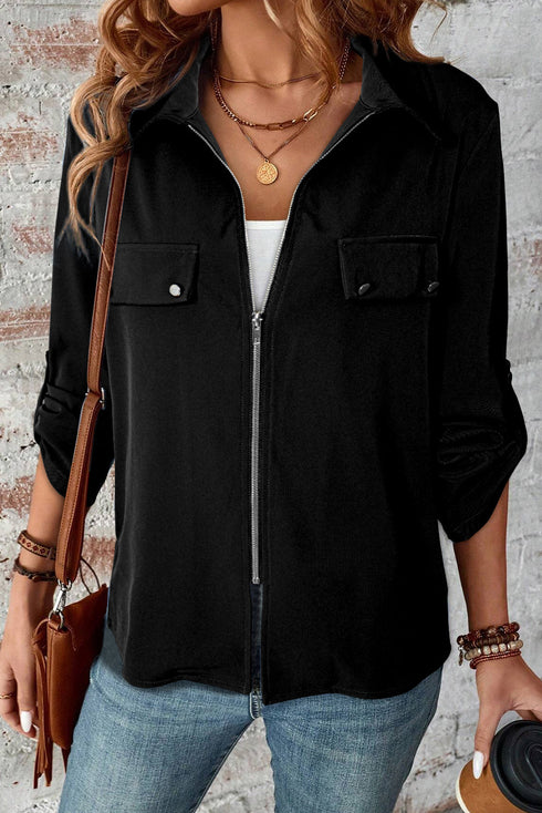 Collared Tab Sleeve Zip Up Flap Detail Casual Jacket