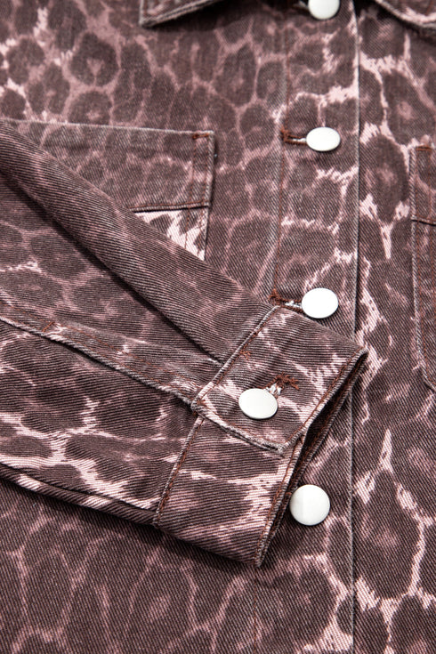 Leopard Print Oversized Patch Pocket Long Sleeve Denim Jacket