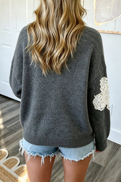 Beaded Floral Motif Accent Round Neck Sweater