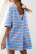 Striped V Neck Short Sleeve Double Wear Loose Romper