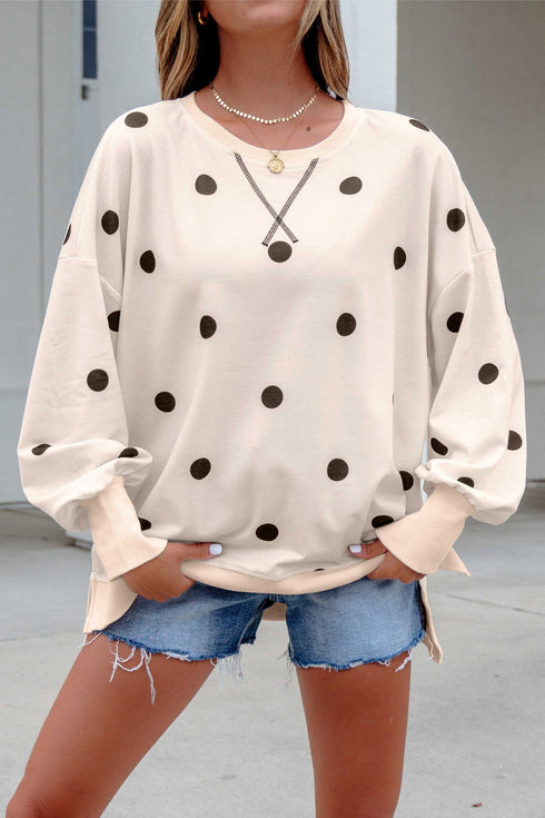 Playful Polka Dot Relaxed Split Hem Pullover Top
