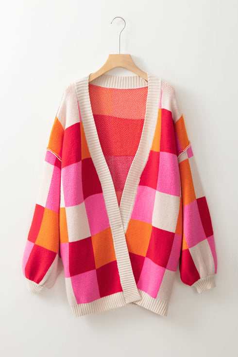 Checkered Drop Shoulder Exposed Seam Open Front Cardigan