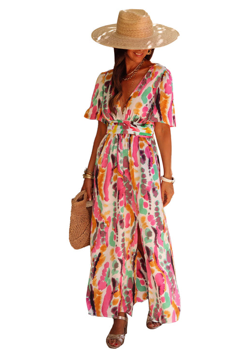 Abstract Print Flutter Sleeve V Neck Maxi Dress
