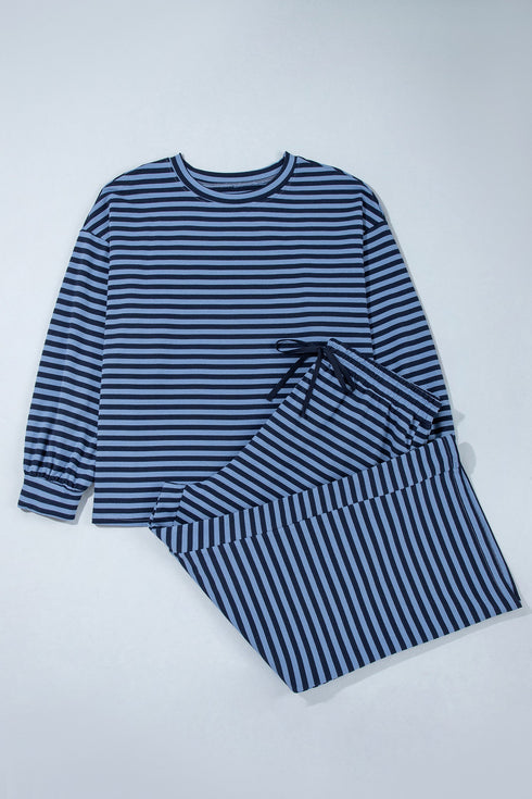 Striped Long Sleeve Drawstring Waist Loungewear Set