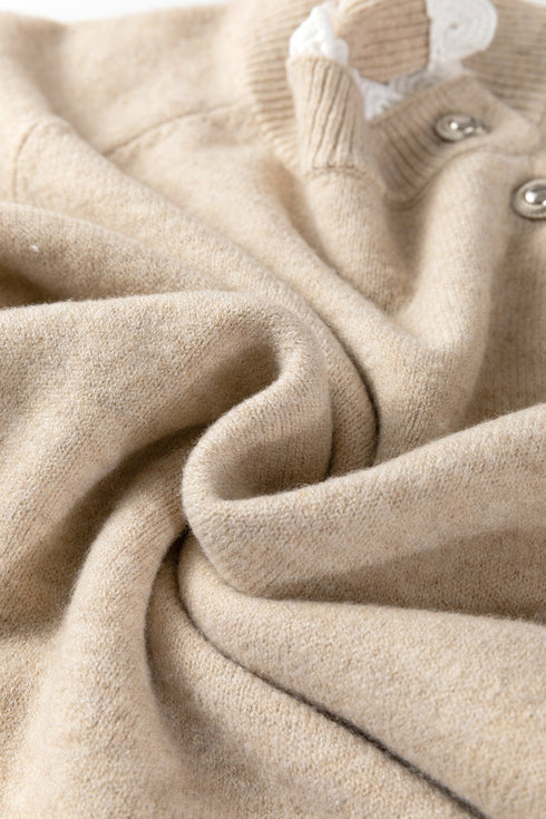 Lace Trim Button Shoulder Brushed Knit Sweater Dress