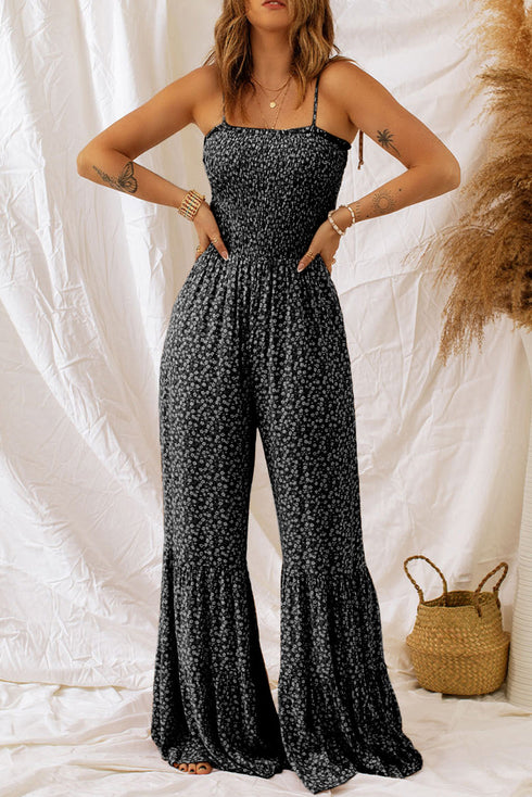 Floral Print Thin Strap Smocked Bodice Wide Leg Jumpsuit