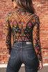 Western Abstract Print Stand Neck Sheer Long Sleeve Mesh Top