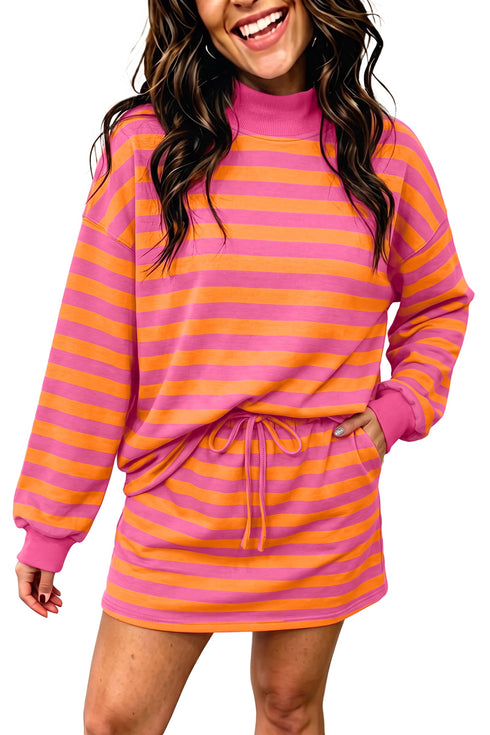 Striped Patchwork Mock Neck Pullover Dress Set
