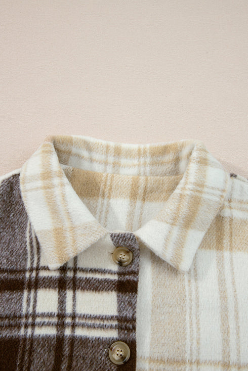 Button Front Patchwork Side Pocket Plaid Shacket