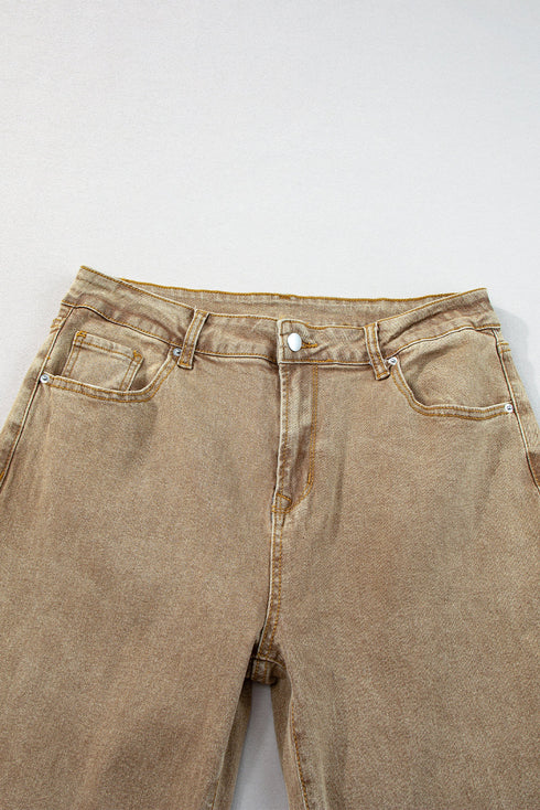 High Rise Cropped Washed Denim Wide Leg Jeans