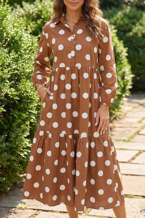 Polka Dot Button Front Long Sleeve Shift Midi Dress